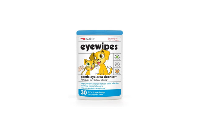 Petkin Eye Wipes 30pk for pets, gently cleanse eyes, remove tear stains, soothe with aloe, eco-friendly, and easy to use.