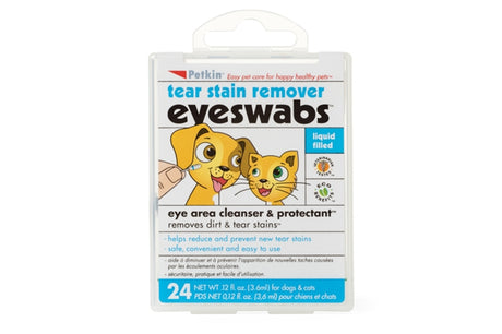 Liquid-filled Petkin Eye & Tear Swabs for dogs and cats, gently cleanse eyes and remove tear stains, 24-pack.