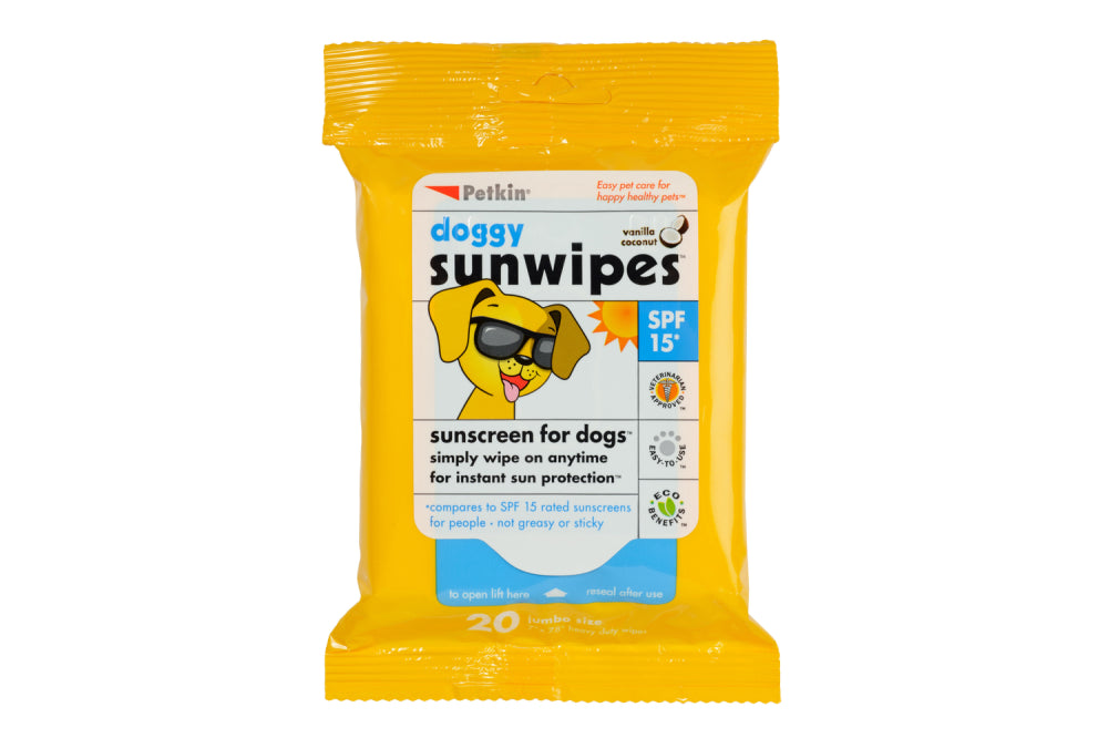 Petkin Doggy Sunwipes 20pk offer SPF 15-like protection for dogs, with easy wipes, a coconut scent, and a non-greasy formula.