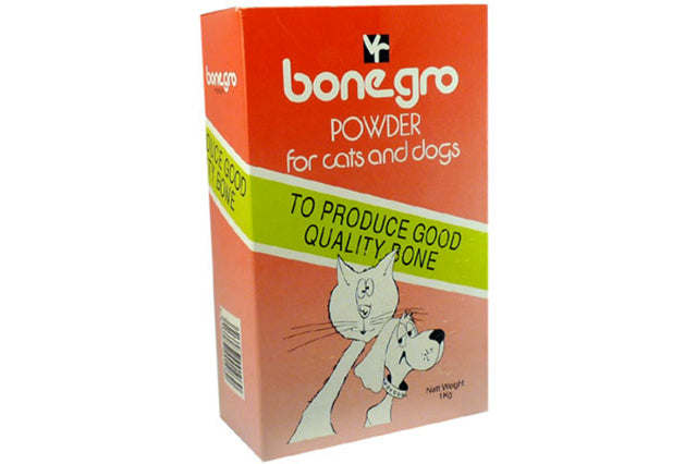 Vet Remedies Bone Gro Powder - 1kg, a calcium-rich supplement for healthy bone development in cats and dogs, includes measuring scoop.