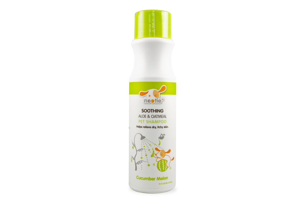 Nootie Dog Shampoo in Cucumber Melon; 473ml, soothing aloe and oatmeal for dry skin relief and a fresh scent.