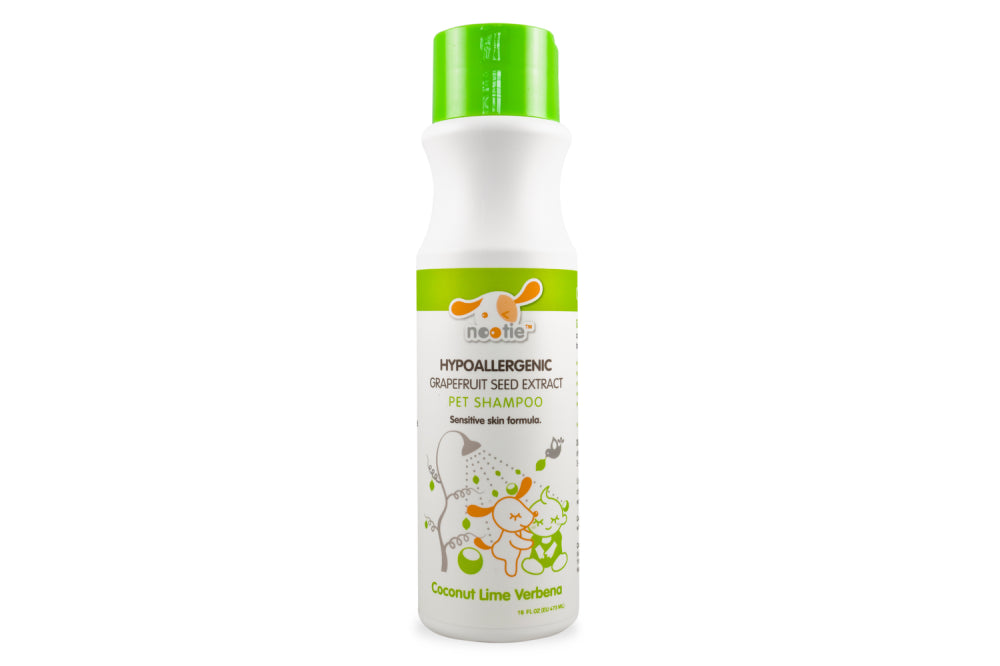 Nootie Dog Shampoo in Coconut Lime Verbena for sensitive skin, enriched with grapefruit seed extract for a shiny coat.