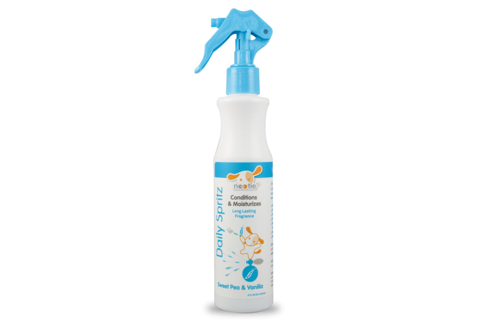 Nootie Daily Spritz in Sweet Pea & Vanilla, a 236mL spray that moisturizes and freshens pets' coats safely.