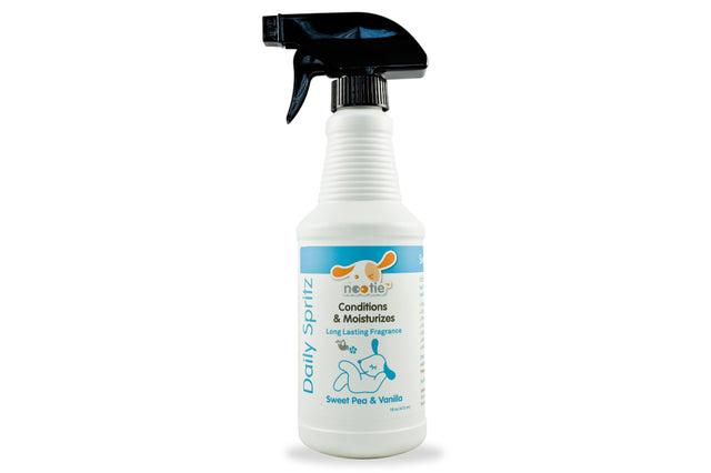 Nootie Daily Spritz in Sweet Pea & Vanilla, a 472mL conditioning spray for dogs and cats, nourishes coat and skin with a fresh scent.