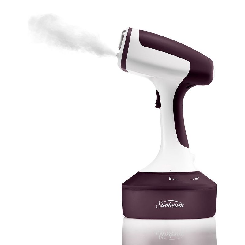 Sunbeam Power Steam Handheld Garment Steamer in purple, 1400W, 300ml tank, 18 mins steam, includes 4 accessories for versatile steaming.