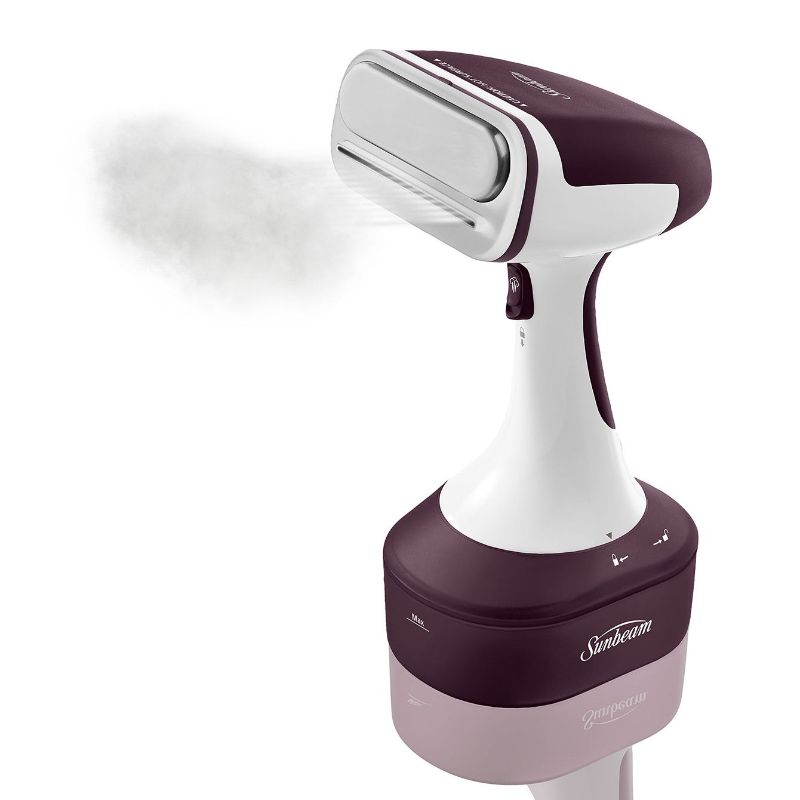 Vibrant purple handheld garment steamer with 1400 watts, 18 mins steam, and 4 accessories for wrinkle-free clothes.