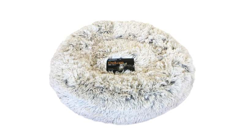 Luxurious caramel latte doughnut-shaped pet bed with plush padding, raised rim for support, and removable cover.