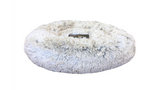 Doughnut-shaped calming pet bed in Caramel Latte, 115cm, with padded center for cozy support and removable cover.