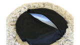 Soft caramel latte doughnut-shaped pet bed, 115cm, with padded center for security and comfort, featuring removable cover and non-slip base.