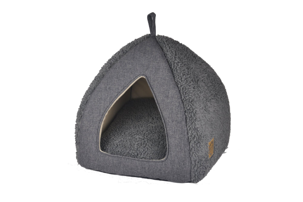 Sherpa Cuddly Cave in Grey, a cozy 39x39x37cm dog bed with soft plush material, perfect for small to medium-sized dogs.