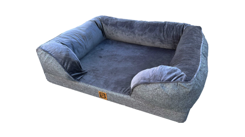 Grey orthopedic dog sofa bed (90 x 68cm) offering joint support and comfort, ideal for older dogs with arthritis or hip dysplasia.