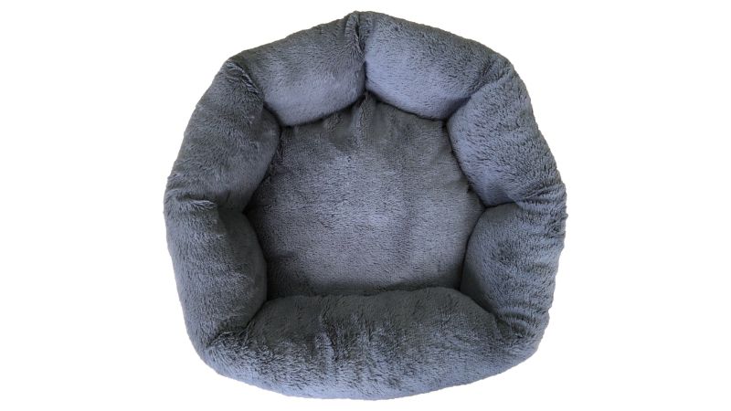 Cozy grey round pet bed (53cm) with overstuffed sides, faux suede material, and non-slip base for ultimate comfort.