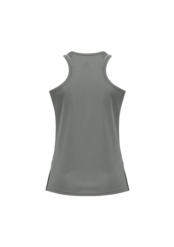 Ladies Razor Singlet in Ash/Black, Size 12, featuring breathable mesh panels and flattering racerback design for activewear.