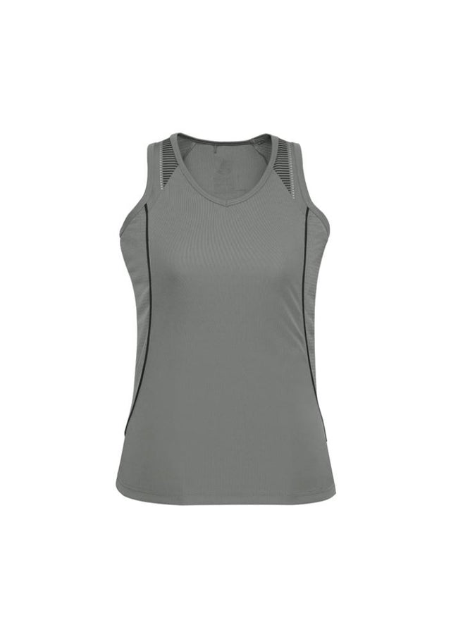 Ladies Razor Singlet in Ash/Black, size 14, featuring breathable mesh, V-neck, and stylish contrast panels for comfort and style.