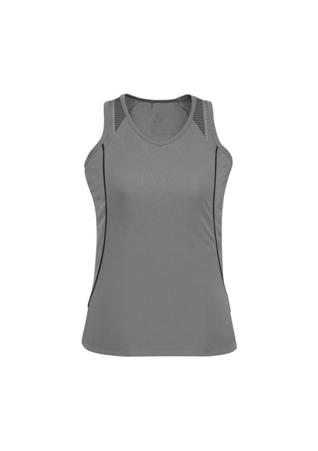 Ladies Razor Singlet in Ash/Black for Size 8, featuring breathable mesh panels and stylish design for active women.