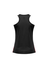Black and red ladies razor singlet, size 12, featuring breathable fabric, V-neck, and racer back for stylish fitness wear.