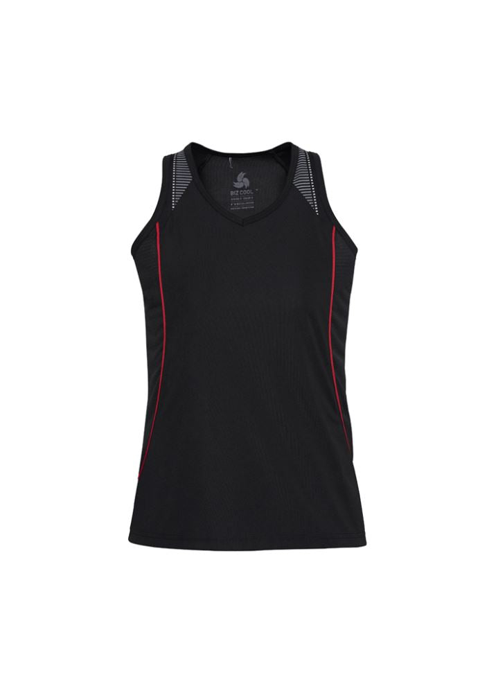Ladies Razor Singlet in black and red, size 18, featuring breathable mesh panels and a flattering racer back design.