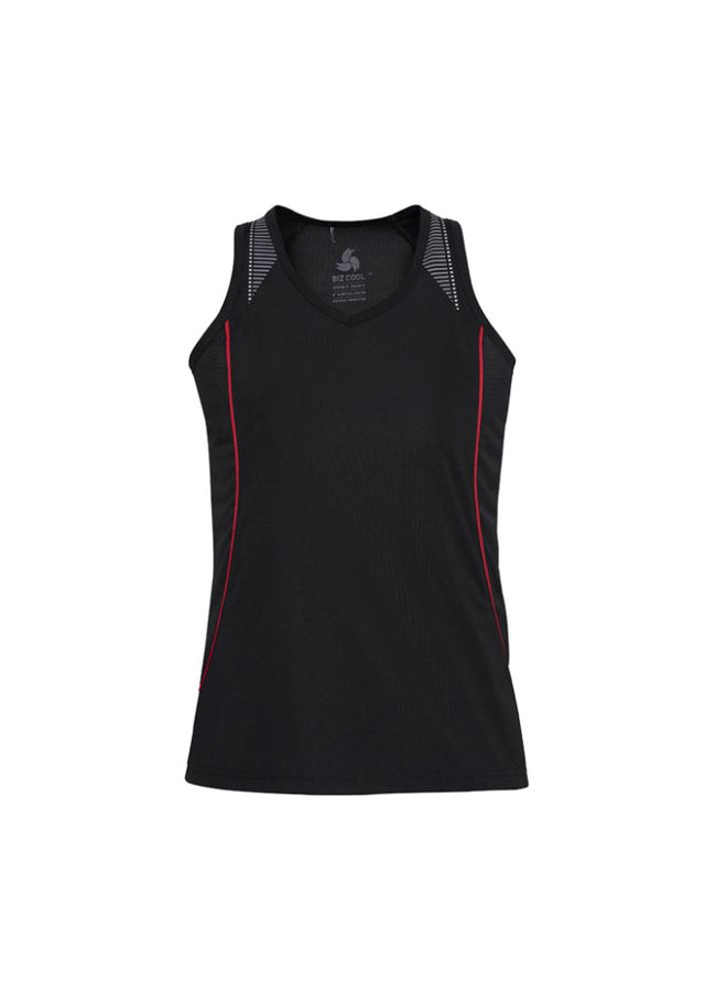 Ladies Razor Singlet in black and red, size 18, featuring breathable mesh panels and a flattering racer back design.