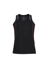 Black and red ladies Razor singlet size 16, featuring breathable mesh, UPF protection, and stylish design for activewear.
