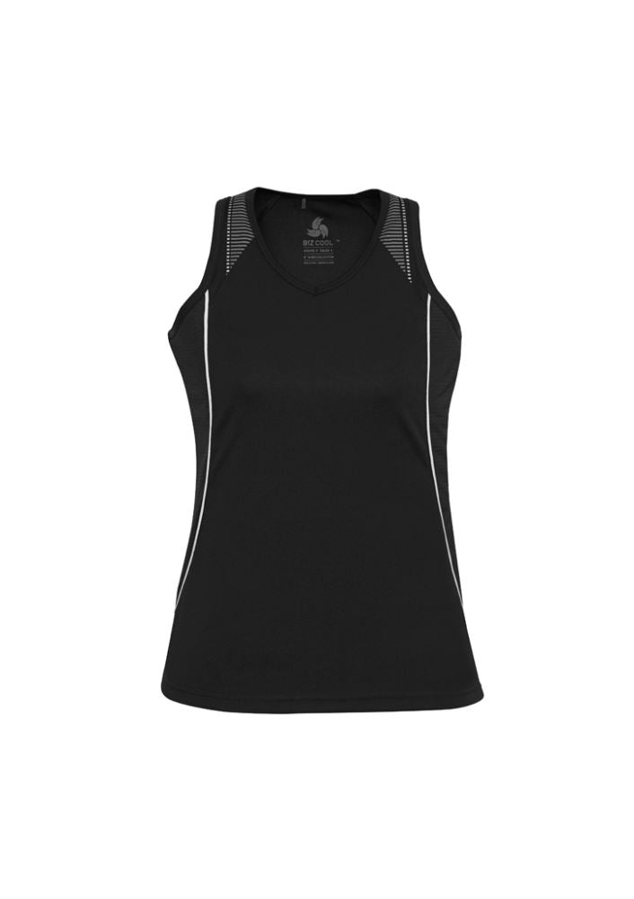 Ladies Razor Singlet in Black/White, Size 18, featuring breathable mesh, V-neck design, and stylish shoulder print for activewear.