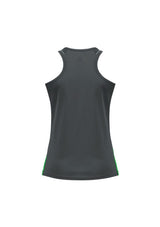 Ladies Grey and Fluoro Lime Razor Singlet, size 20, features breathable mesh panels and stylish racer-back design for workouts.