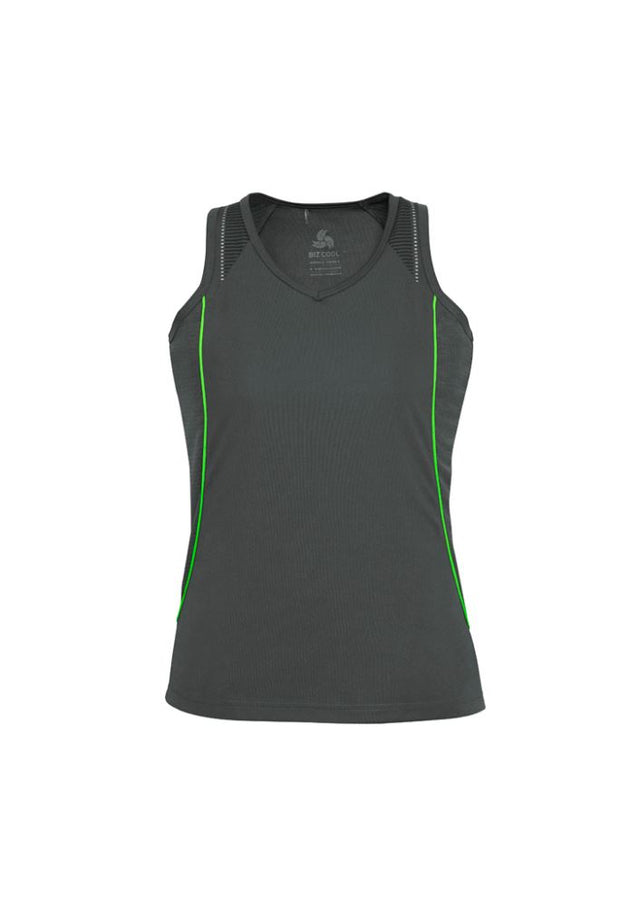 Ladies Razor Singlet in Grey/Fluoro Lime, size 10, featuring breathable fabric, mesh panels, and stylish V-neck design.
