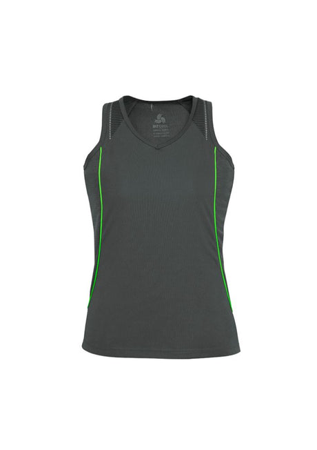Stylish grey and fluoro lime ladies' singlet, size 20, featuring breathable mesh panels and racer-back design for activewear.