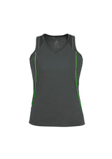 Grey and Fluoro Lime Ladies Razor Singlet, size 8, featuring breathable fabric, stylish design, and racerback styling.