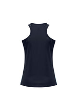 Navy/Sky ladies singlet, size 12, featuring breathable mesh panels, V-neck, and racerback design for activewear style.