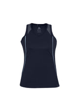 Ladies Razor Singlet in Navy/Sky, Size 14, featuring breathable fabric, unique prints, and a stylish racerback design.