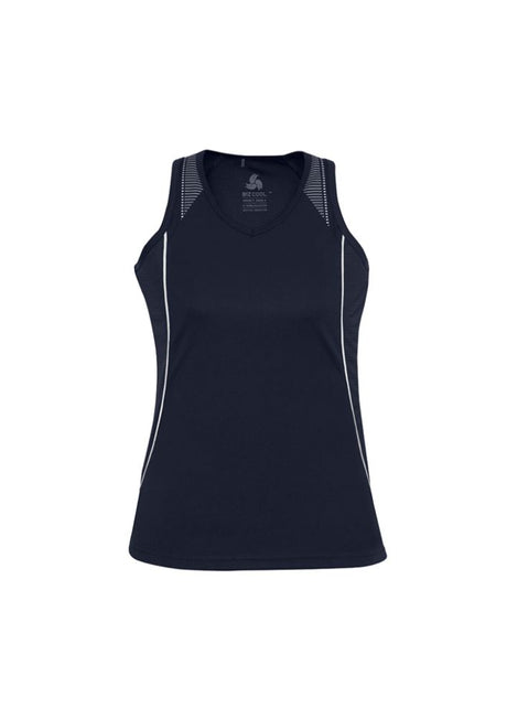 Navy and white Ladies Razor Singlet, Size 10, featuring breathable mesh, V-neck, and racer-back for stylish comfort.