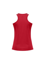 Ladies Razor Singlet in red and white, size 12, featuring breathable mesh, V-neck, and stylish design for active wear.
