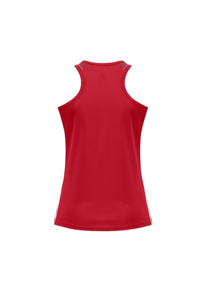 Ladies Razor Singlet in red and white, size 20, featuring breathable mesh panels and stylish V-neck design.