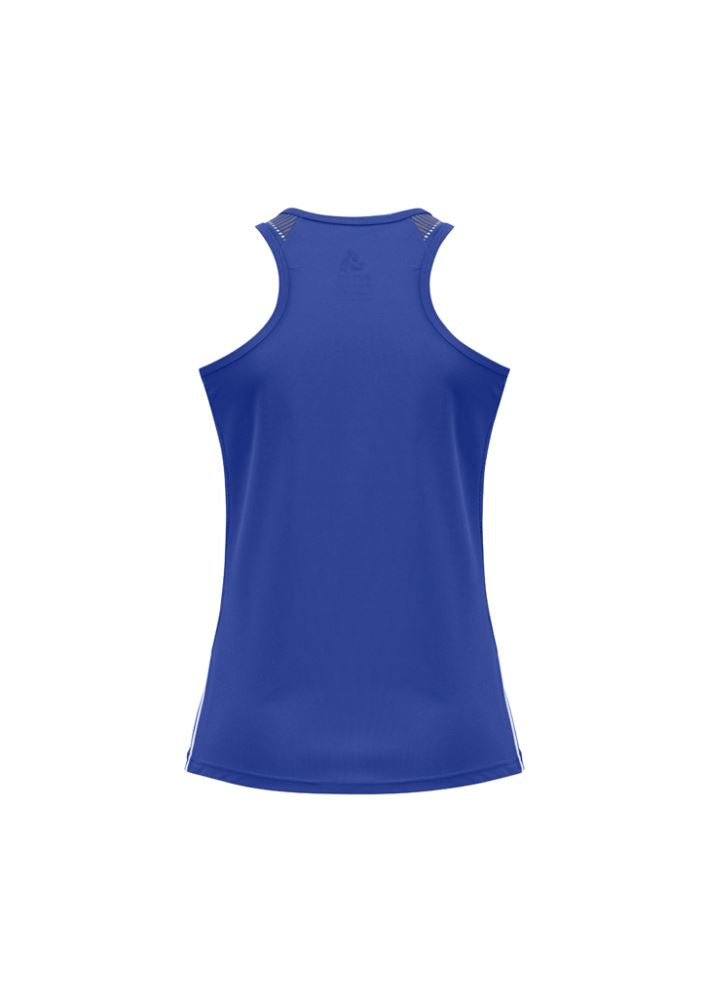 Ladies Razor Singlet in Royal/White, Size 12; features breathable mesh, UPF protection, and stylish racerback design.