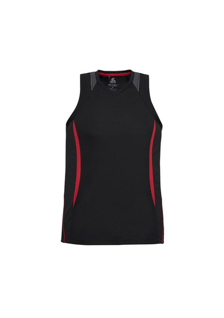 Men's Razor Singlet in Black/Red, lightweight polyester, breathable mesh panels, stylish V-neck for athletic performance.