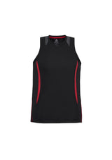 Men's Razor Singlet in Black and Red featuring breathable mesh panels, V-neck design, and lightweight moisture-wicking fabric.