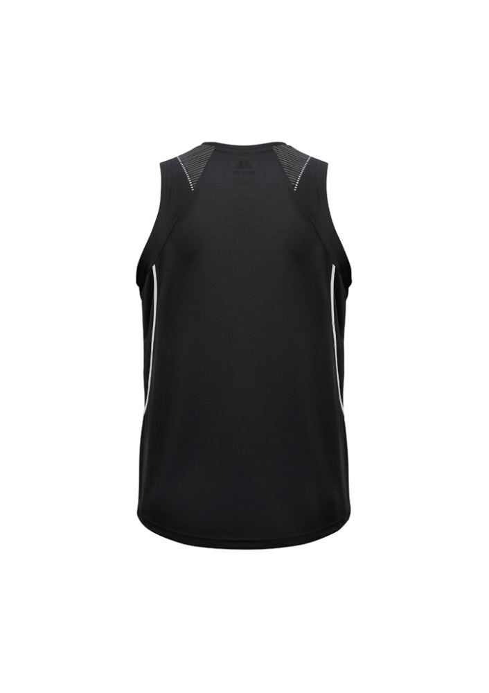 Men's black and white Razor Singlet, Size L, features breathable mesh panels, moisture-wicking fabric, and a modern design.