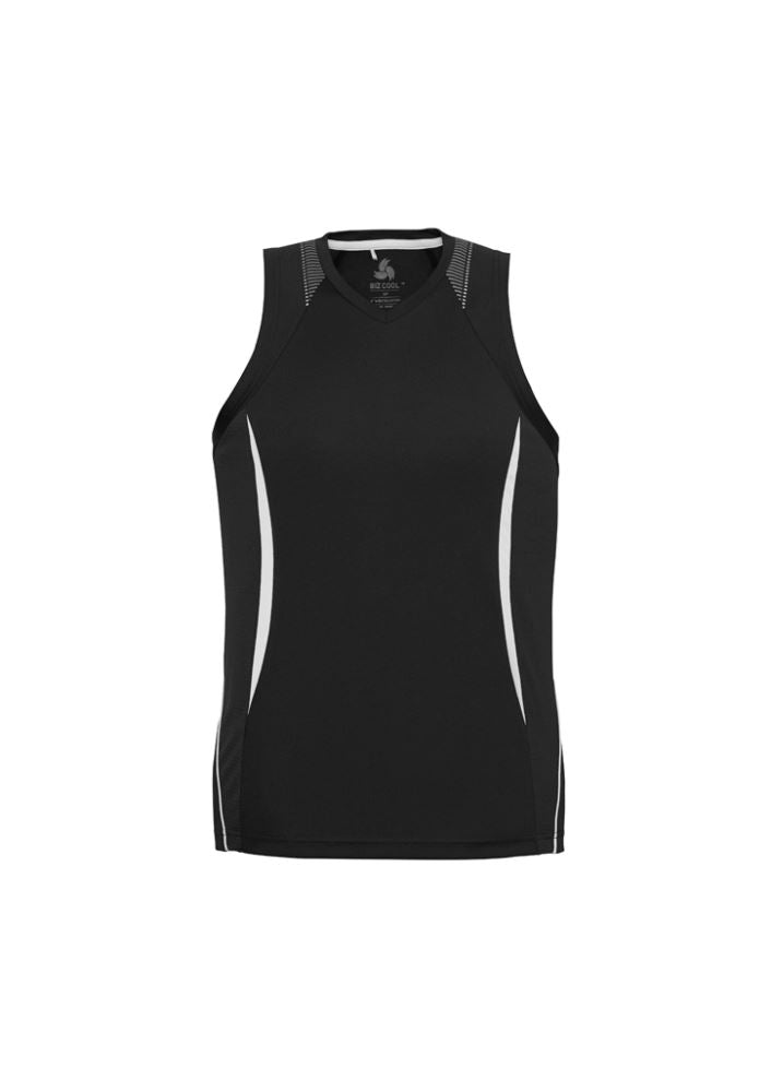 Men's black and white Razor singlet, size L, featuring breathable mesh panels, moisture-wicking fabric, and modern design elements.