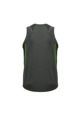 Men's Razor Singlet in grey and fluoro lime, featuring breathable mesh panels and a stylish V-neck design for active wear.