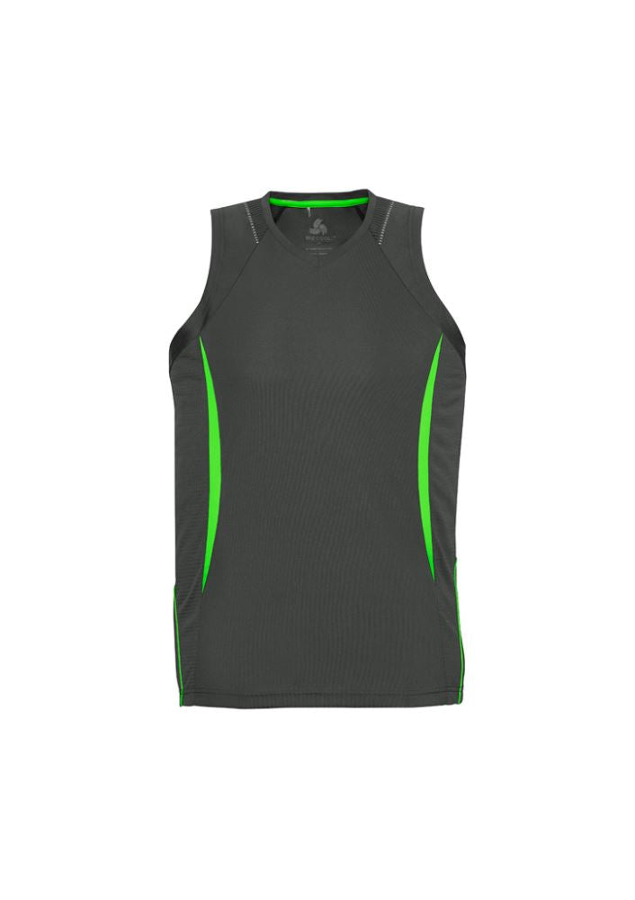 Men's Razor Singlet in Grey and Fluoro Lime, Size M, featuring breathable mesh, V-neck design, and unique shoulder print.