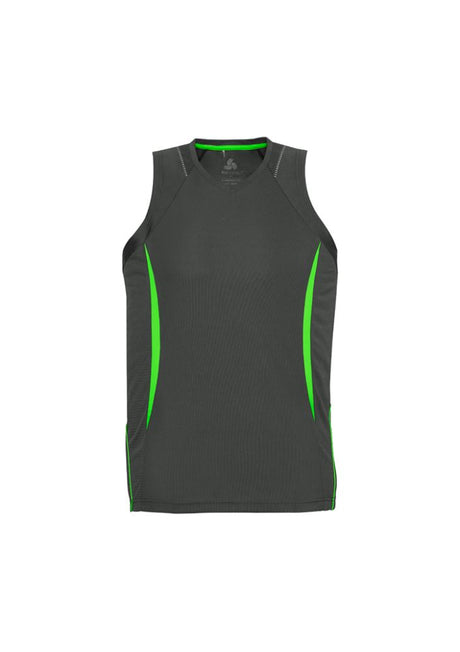 Men's Razor Singlet in grey and fluoro lime, size XL, featuring breathable mesh panels and sporty V-neck design.