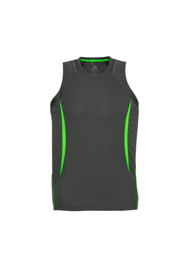 Men's grey and fluoro lime sports singlet, size 5XL, featuring breathable mesh panels and stylish contrast design from Biz Collection.