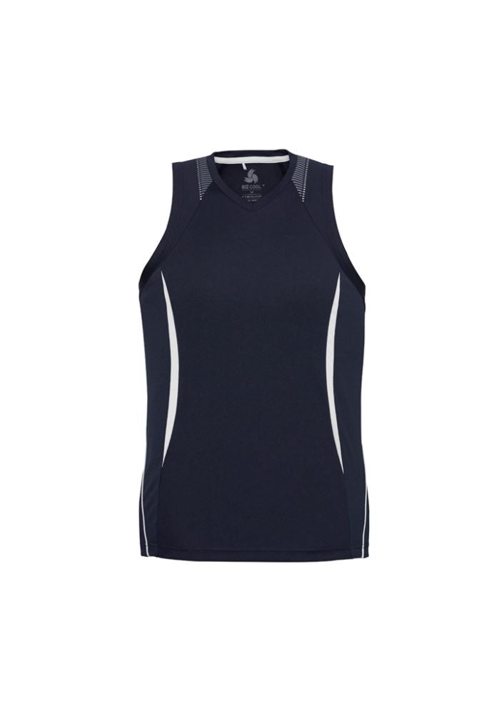 Men's Razor Singlet in Navy/White, Size L, featuring breathable fabric, UPF protection, and modern design elements.