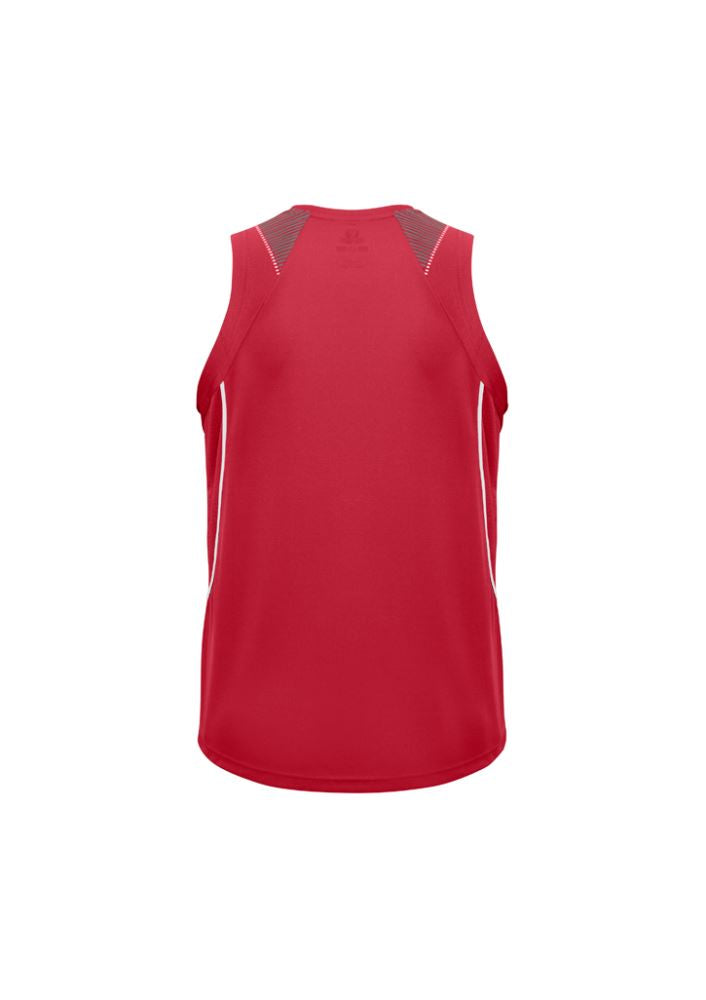 Mens Razor Singlet in red and white, size L, featuring moisture-wicking fabric and breathable mesh panels for activewear.