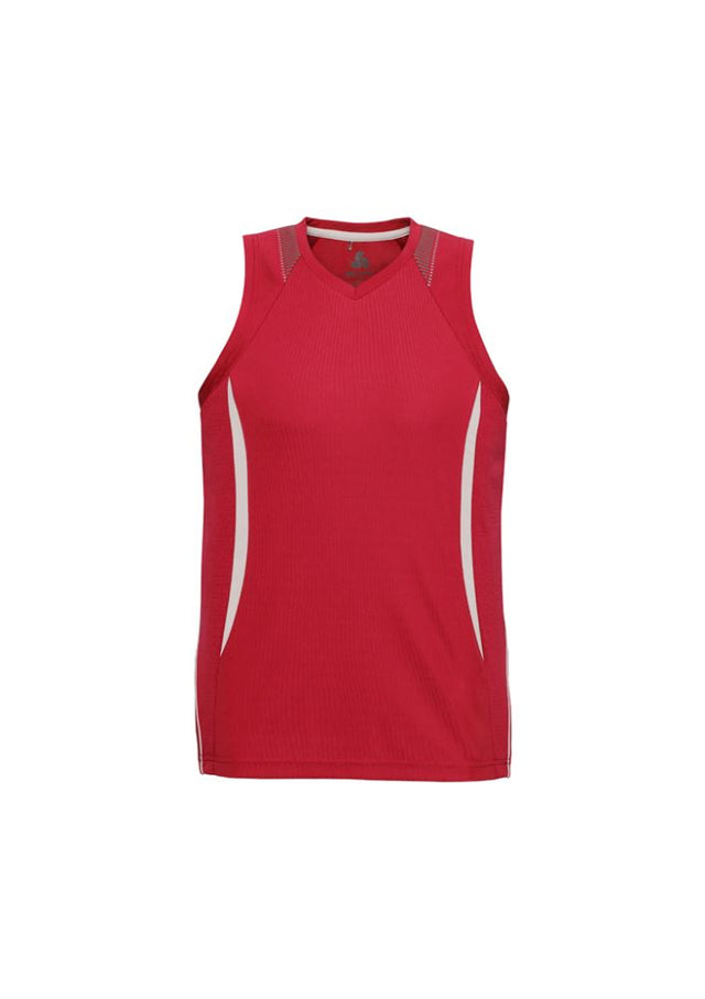 Men's red and white Razor Singlet in 2XL, featuring breathable mesh, stylish print, and UPF sun protection for activewear comfort.
