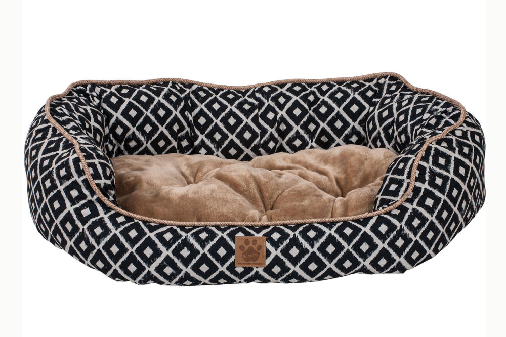 Snoozzy IKAT Large Dog Bed in navy with double-sided pillow, overstuffed bolster, and eco-friendly materials for ultimate comfort.