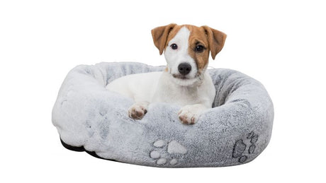 Cozy light grey round bed with soft fleece, removable cushion, and non-slip bottom, perfect for pets up to 50cm.