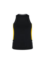 Ladies Renegade Singlet in Black/Gold/Silver, Size 8, featuring breathable fabric, mesh panels, and reflective trim.