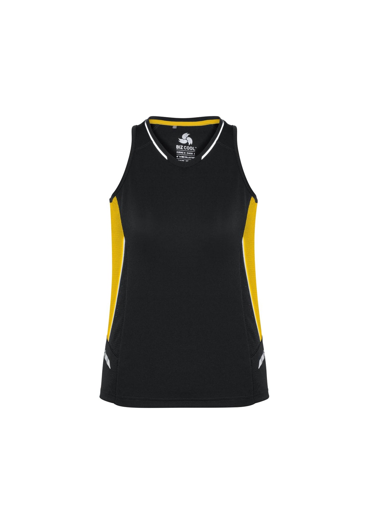 Ladies Renegade Singlet in Black/Gold/Silver, featuring lightweight fabric, reflective trims, and mesh panels for breathability. Size 6.