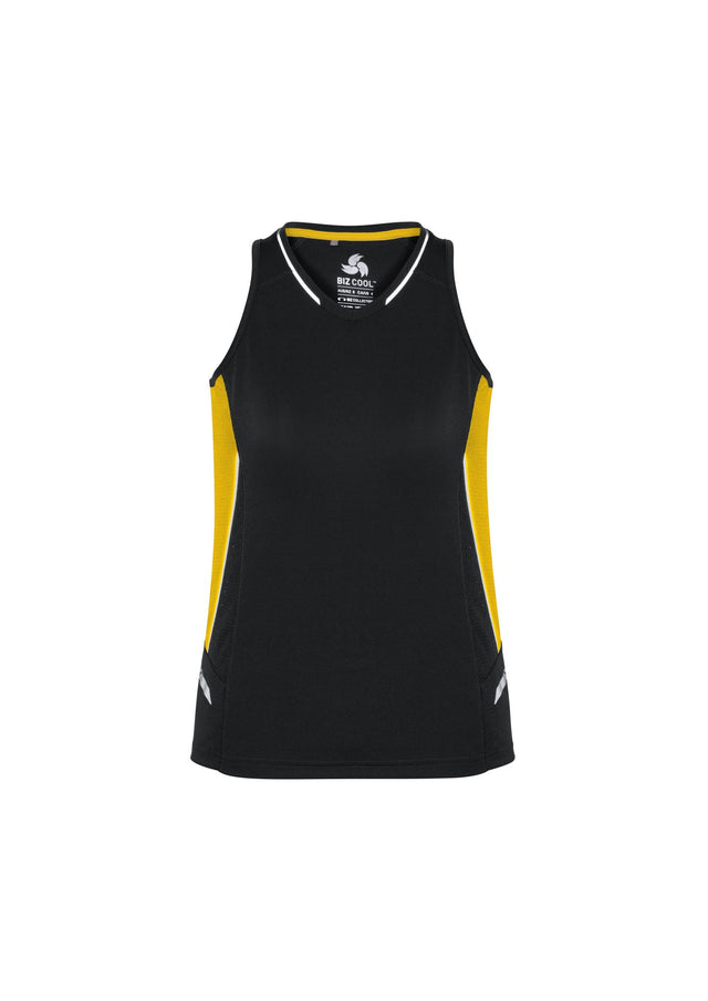 Ladies Renegade Singlet in Black/Gold/Silver for size 16, featuring breathable fabric, reflective trims, and a racer back design.